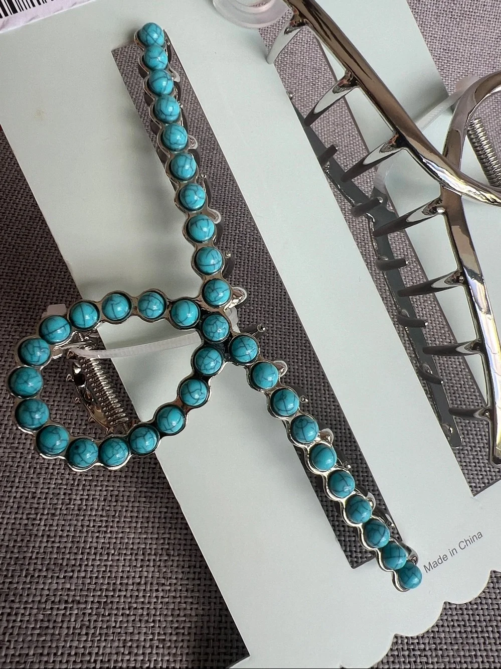 Sunday State Large Metal Claw Jaw hair clip Silver Turquoise Beads Encrusted 2